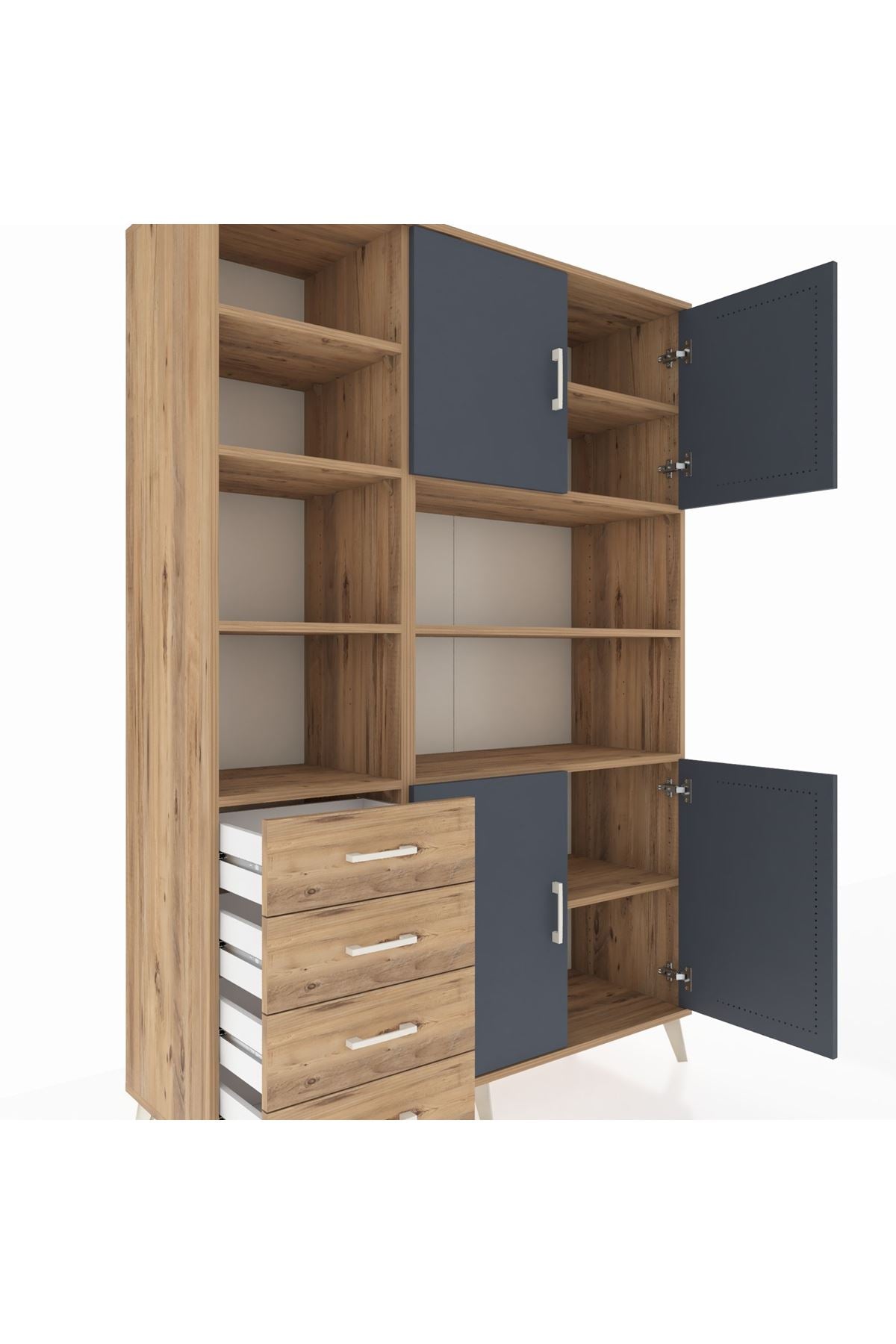 Hyperion Dolap 9 Raflı 4 Çekmeceli 4 Kapaklı 132x44x195 Çam-Antrasit/Çam