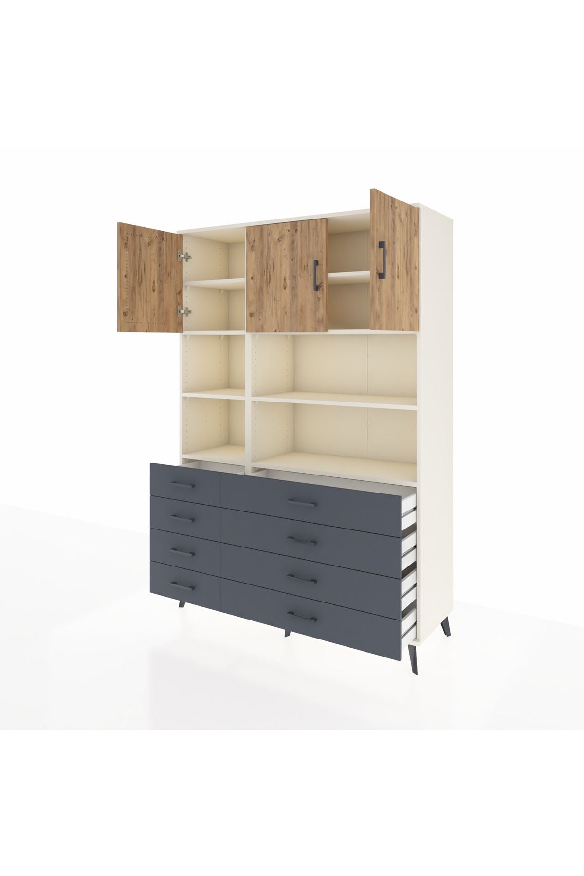 Hyperion Dolap 8 Raflı 8 Çekmeceli 3 Kapaklı 132x44x195 Aytaşı-Çam/Antrasit