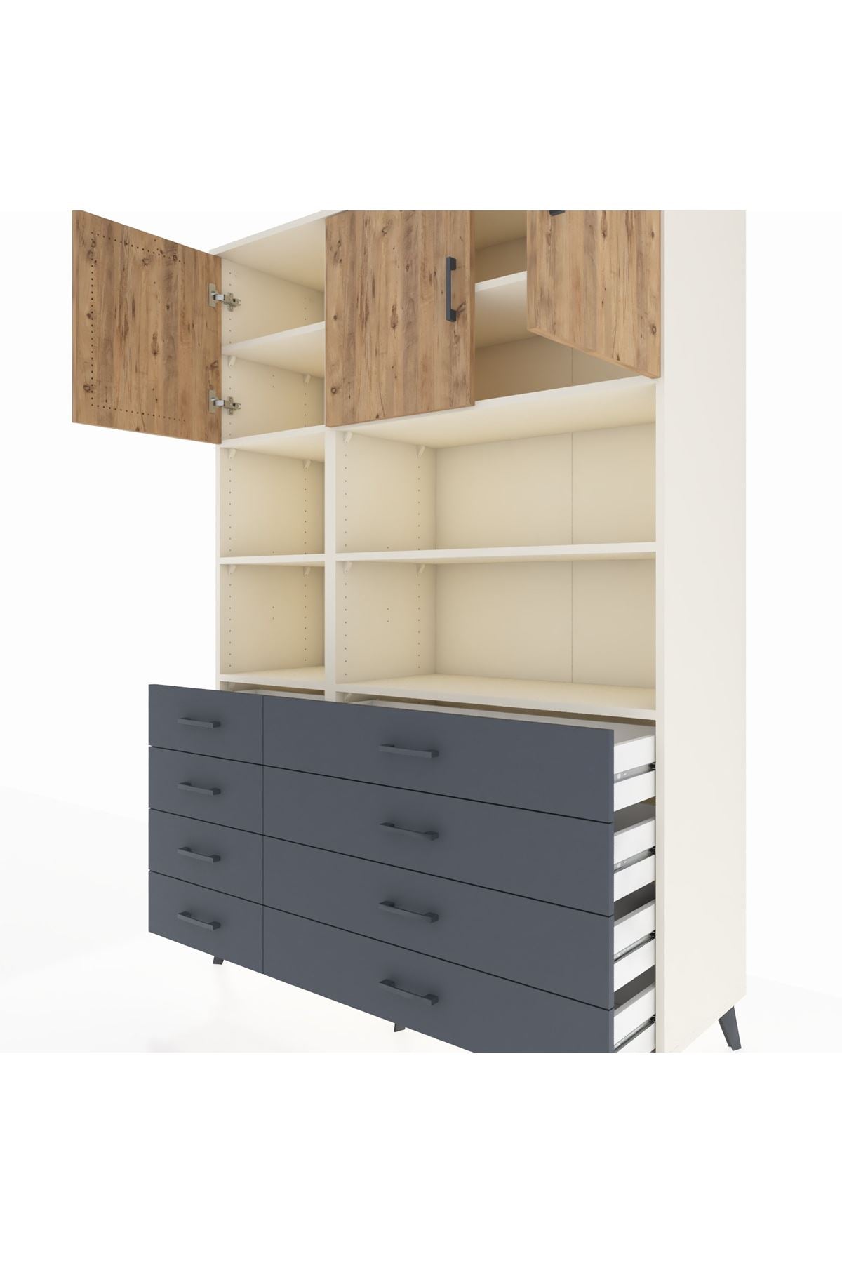 Hyperion Dolap 8 Raflı 8 Çekmeceli 3 Kapaklı 132x44x195 Aytaşı-Çam/Antrasit