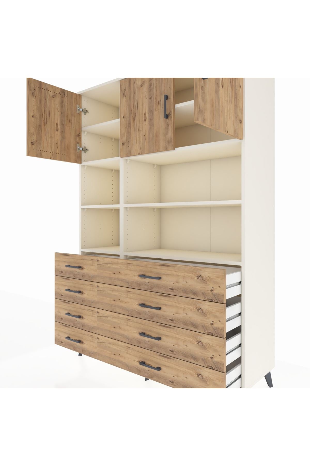 Hyperion Dolap 8 Raflı 8 Çekmeceli 3 Kapaklı 132x44x195 Aytaşı-Çam/Çam