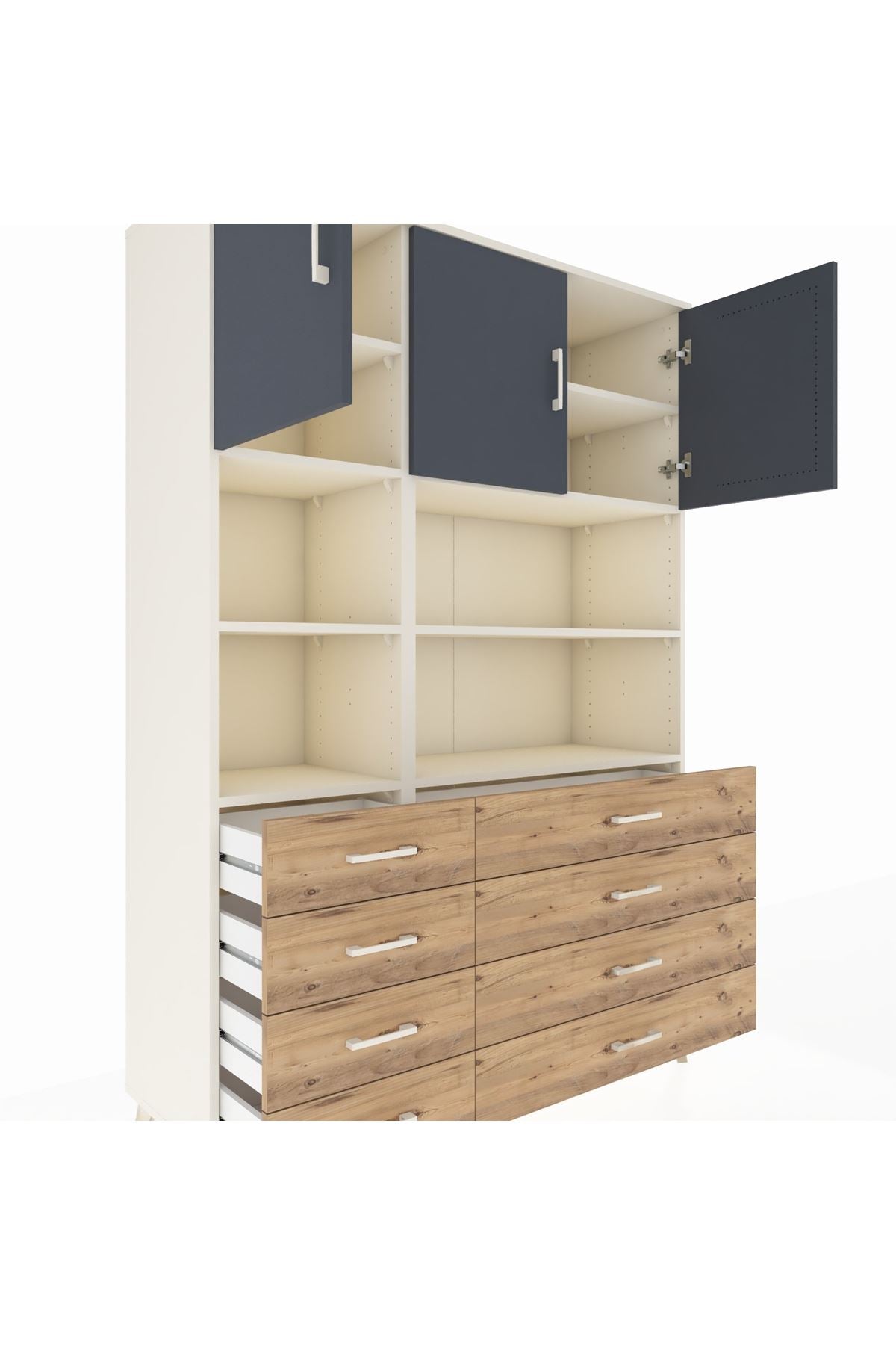 Hyperion Dolap 8 Raflı 8 Çekmeceli 3 Kapaklı 132x44x195 Aytaşı-Antrasit/Çam