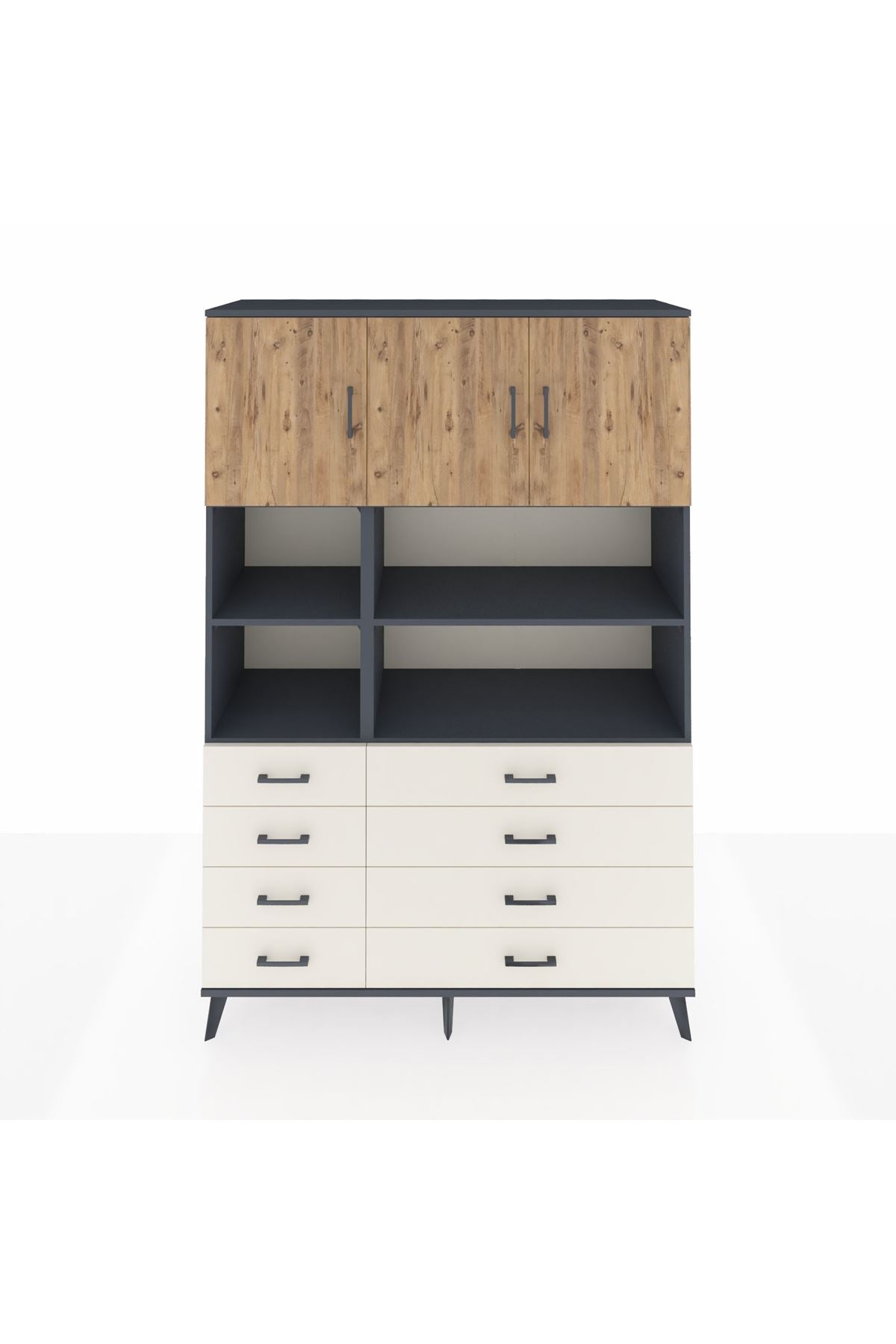 Hyperion Dolap 8 Raflı 8 Çekmeceli 3 Kapaklı 132x44x195 Antrasit-Çam/Aytaşı