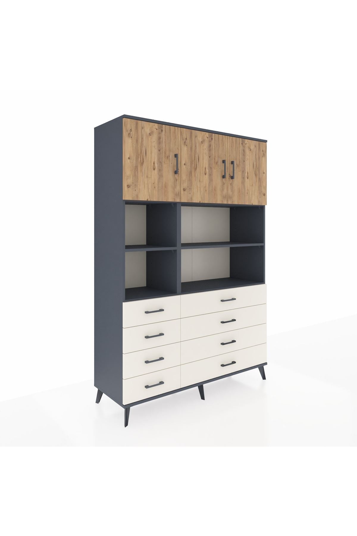Hyperion Dolap 8 Raflı 8 Çekmeceli 3 Kapaklı 132x44x195 Antrasit-Çam/Aytaşı