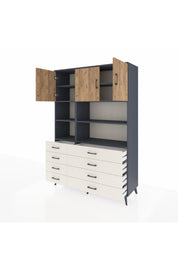 Hyperion Dolap 8 Raflı 8 Çekmeceli 3 Kapaklı 132x44x195 Antrasit-Çam/Aytaşı