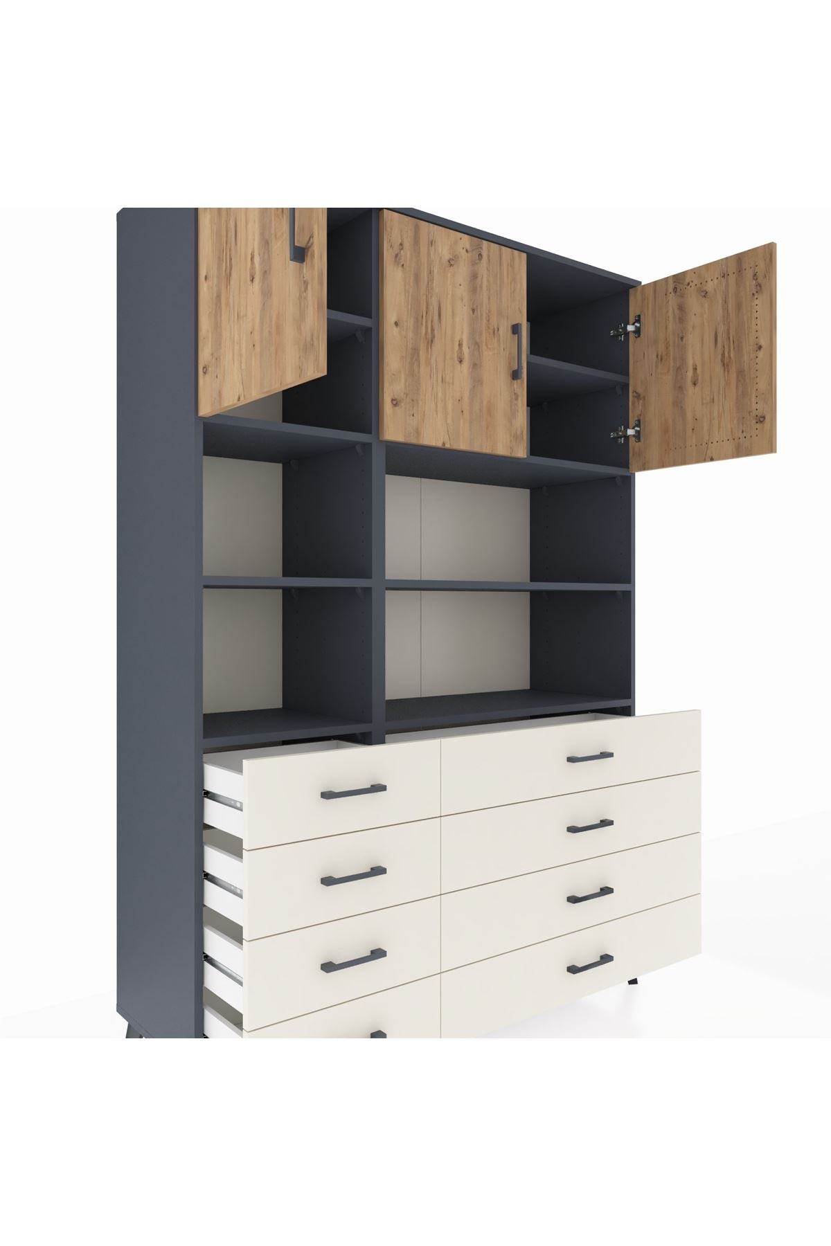 Hyperion Dolap 8 Raflı 8 Çekmeceli 3 Kapaklı 132x44x195 Antrasit-Çam/Aytaşı