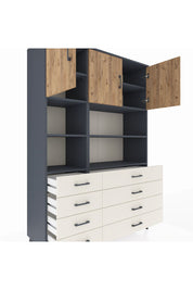 Hyperion Dolap 8 Raflı 8 Çekmeceli 3 Kapaklı 132x44x195 Antrasit-Çam/Aytaşı