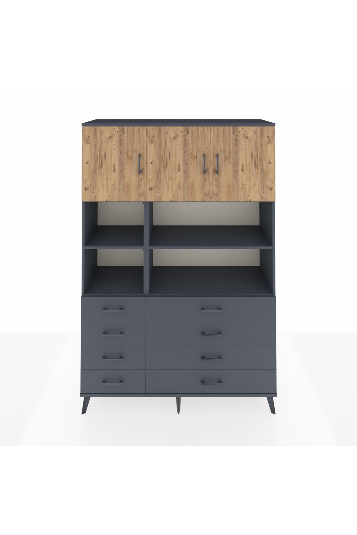 Hyperion Dolap 8 Raflı 8 Çekmeceli 3 Kapaklı 132x44x195 Antrasit-Çam/Antrasit