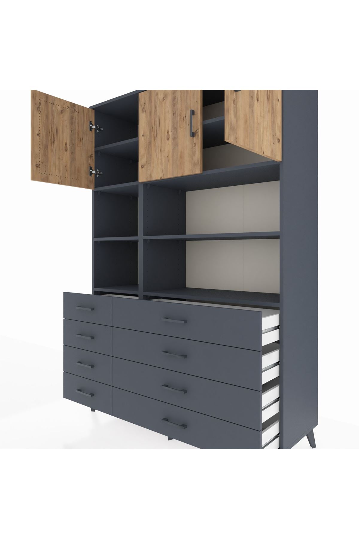 Hyperion Dolap 8 Raflı 8 Çekmeceli 3 Kapaklı 132x44x195 Antrasit-Çam/Antrasit