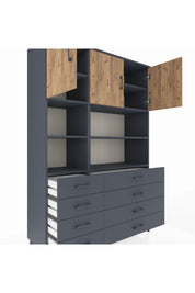 Hyperion Dolap 8 Raflı 8 Çekmeceli 3 Kapaklı 132x44x195 Antrasit-Çam/Antrasit