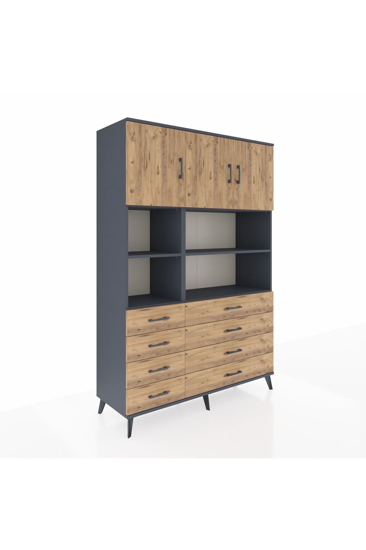 Hyperion Dolap 8 Raflı 8 Çekmeceli 3 Kapaklı 132x44x195 Antrasit-Çam/Çam