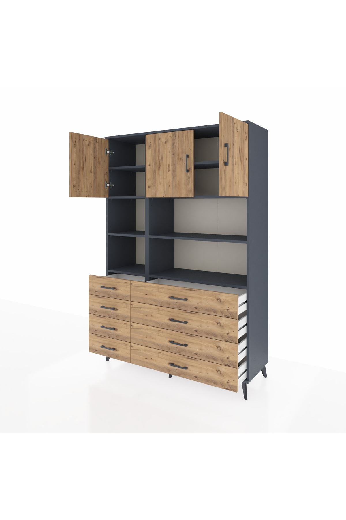 Hyperion Dolap 8 Raflı 8 Çekmeceli 3 Kapaklı 132x44x195 Antrasit-Çam/Çam