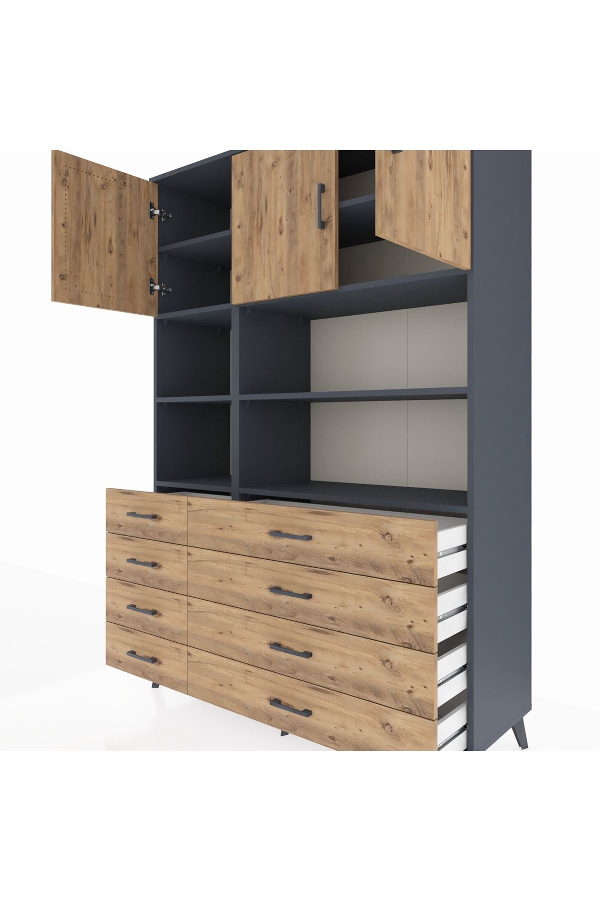 Hyperion Dolap 8 Raflı 8 Çekmeceli 3 Kapaklı 132x44x195 Antrasit-Çam/Çam