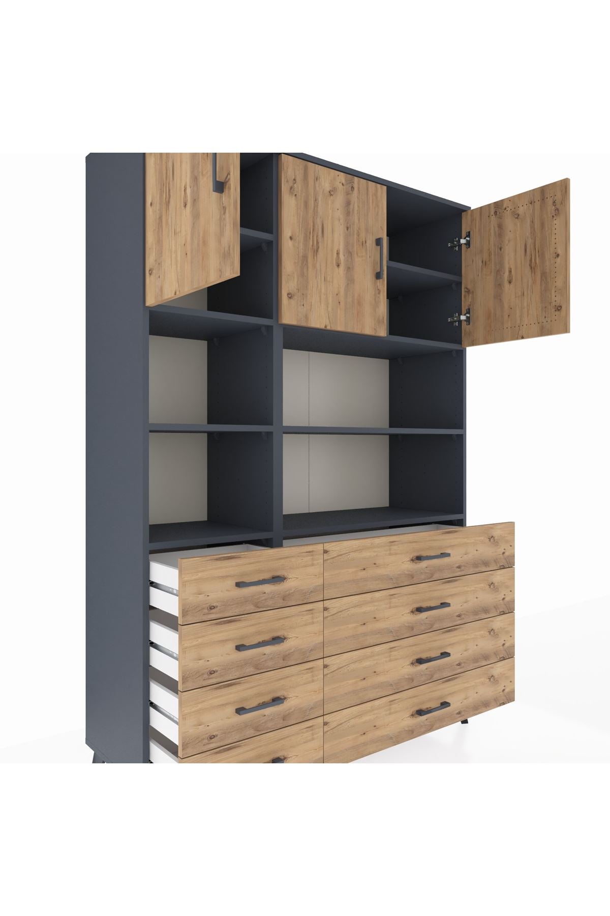 Hyperion Dolap 8 Raflı 8 Çekmeceli 3 Kapaklı 132x44x195 Antrasit-Çam/Çam