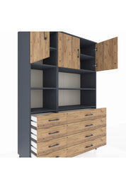 Hyperion Dolap 8 Raflı 8 Çekmeceli 3 Kapaklı 132x44x195 Antrasit-Çam/Çam
