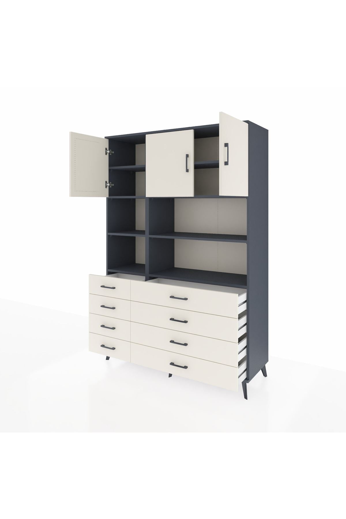 Hyperion Dolap 8 Raflı 8 Çekmeceli 3 Kapaklı 132x44x195 Antrasit-Aytaşı/Aytaşı