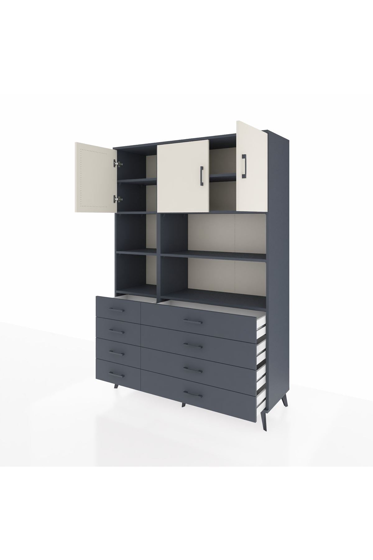 Hyperion Dolap 8 Raflı 8 Çekmeceli 3 Kapaklı 132x44x195 Antrasit-Aytaşı/Antrasit