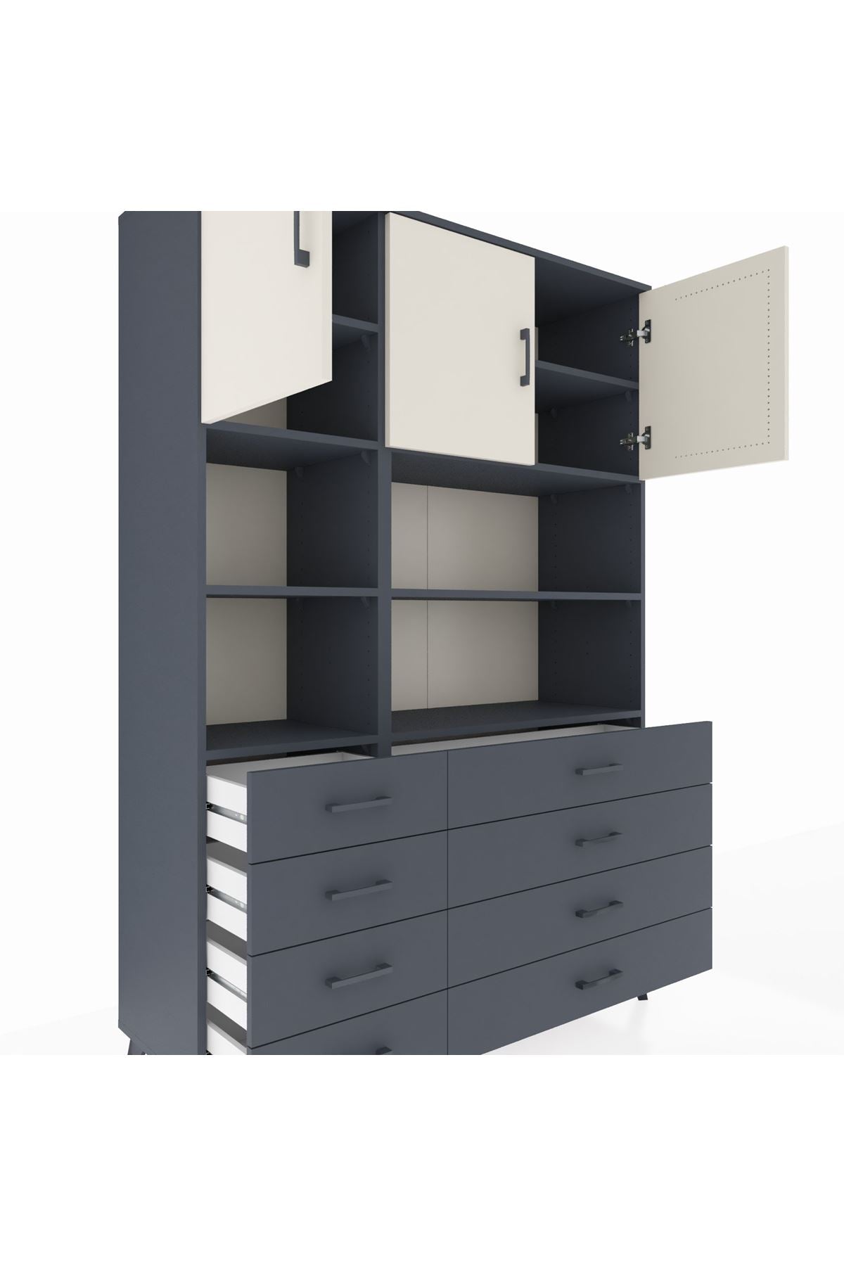 Hyperion Dolap 8 Raflı 8 Çekmeceli 3 Kapaklı 132x44x195 Antrasit-Aytaşı/Antrasit