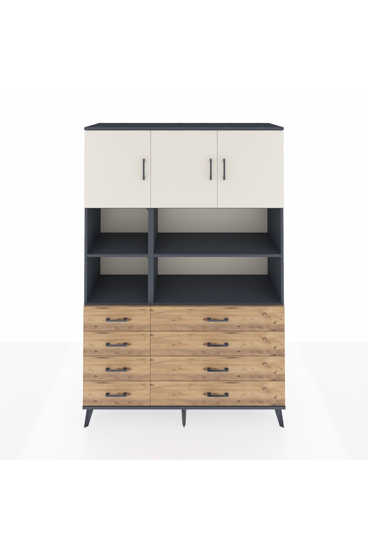 Hyperion Dolap 8 Raflı 8 Çekmeceli 3 Kapaklı 132x44x195 Antrasit-Aytaşı/Çam