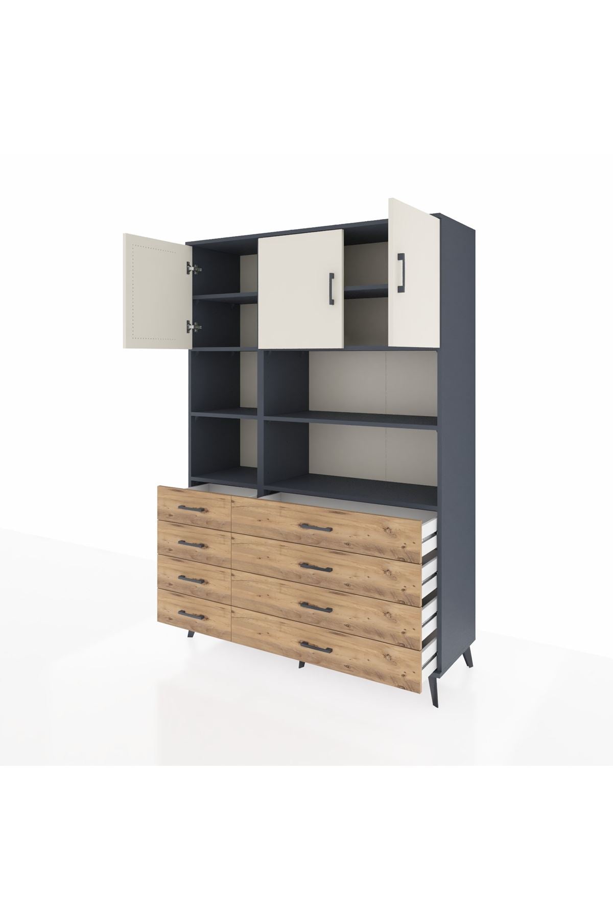 Hyperion Dolap 8 Raflı 8 Çekmeceli 3 Kapaklı 132x44x195 Antrasit-Aytaşı/Çam