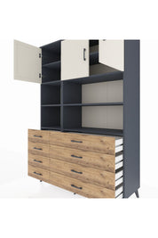 Hyperion Dolap 8 Raflı 8 Çekmeceli 3 Kapaklı 132x44x195 Antrasit-Aytaşı/Çam