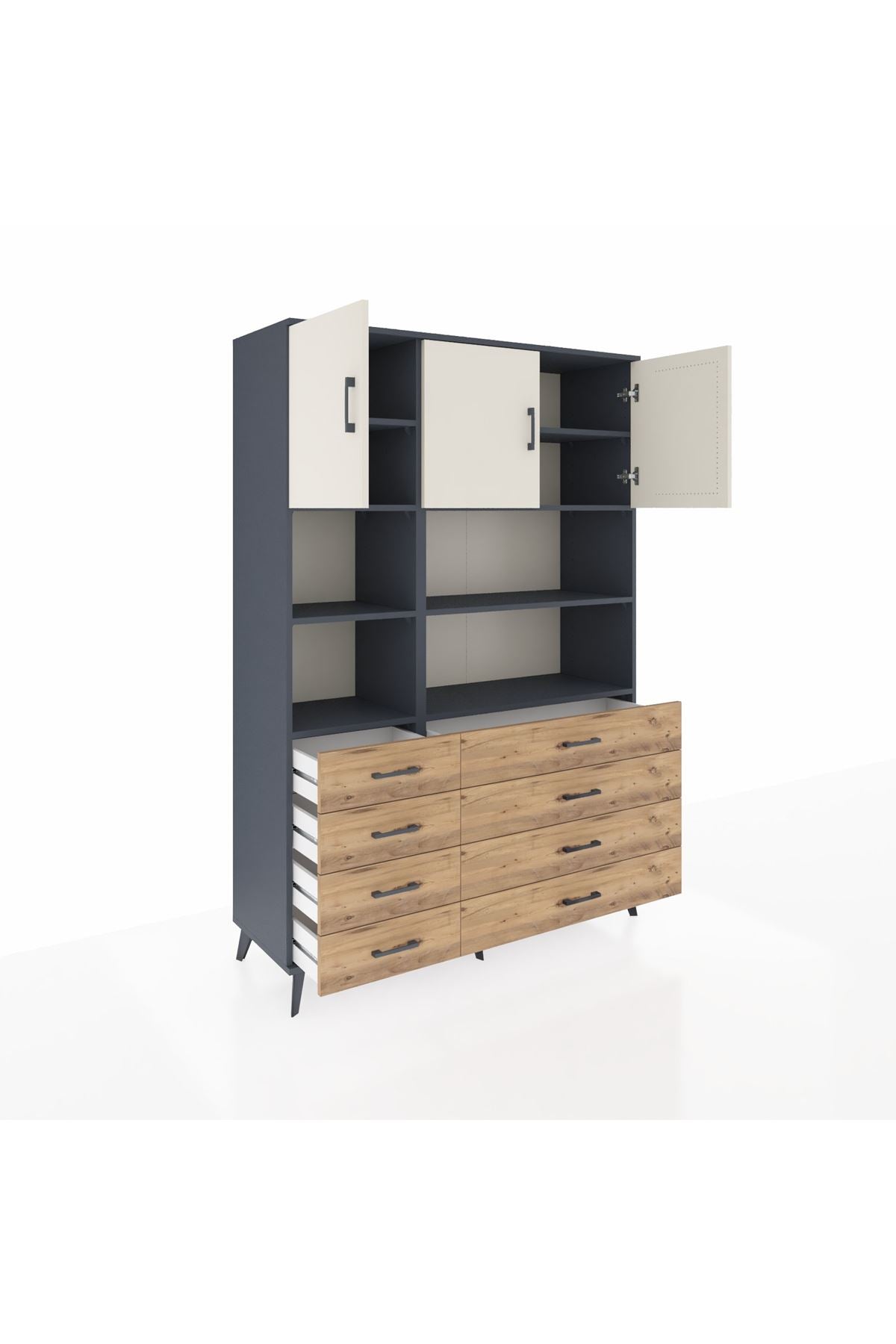 Hyperion Dolap 8 Raflı 8 Çekmeceli 3 Kapaklı 132x44x195 Antrasit-Aytaşı/Çam
