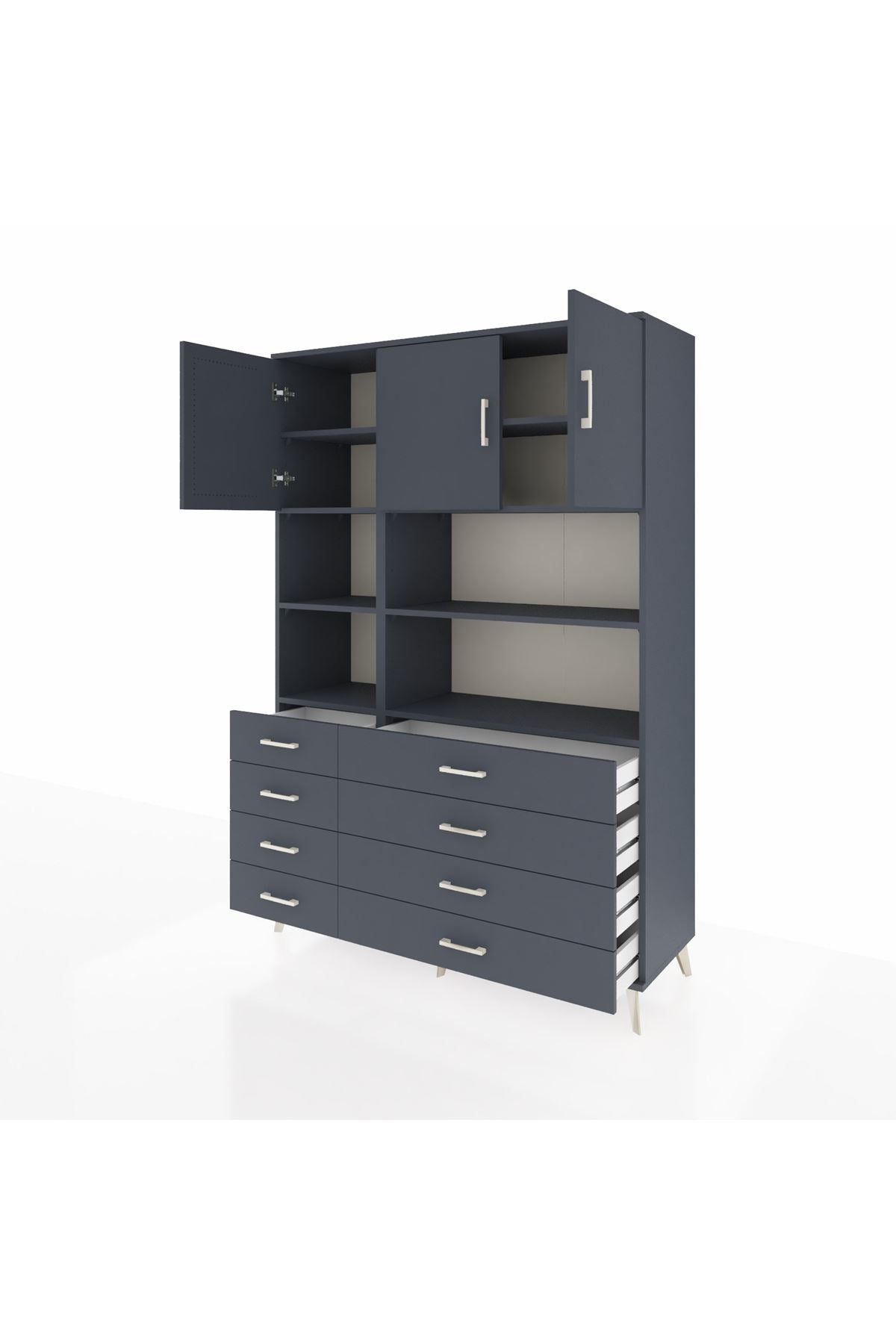 Hyperion Dolap 8 Raflı 8 Çekmeceli 3 Kapaklı 132x44x195 Antrasit-Antrasit/Antrasit