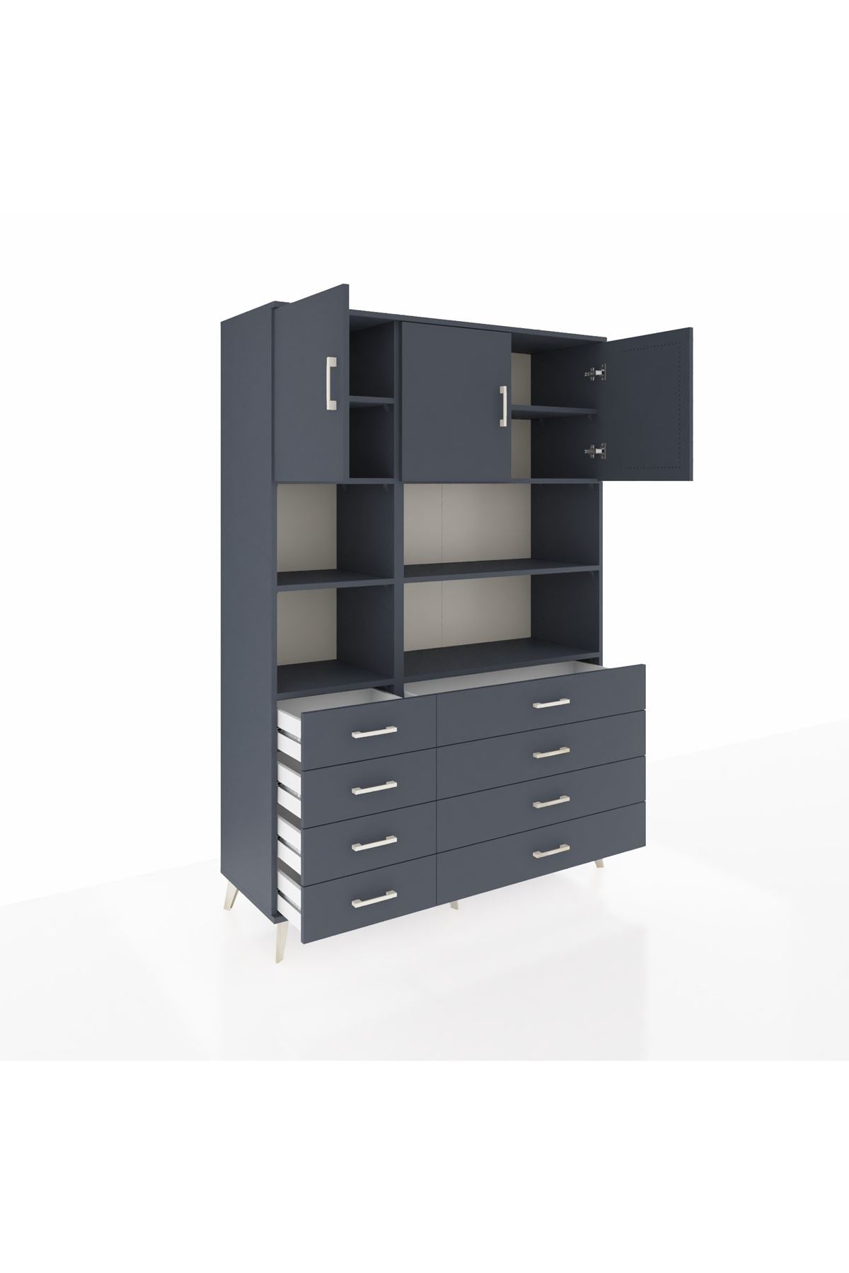 Hyperion Dolap 8 Raflı 8 Çekmeceli 3 Kapaklı 132x44x195 Antrasit-Antrasit/Antrasit