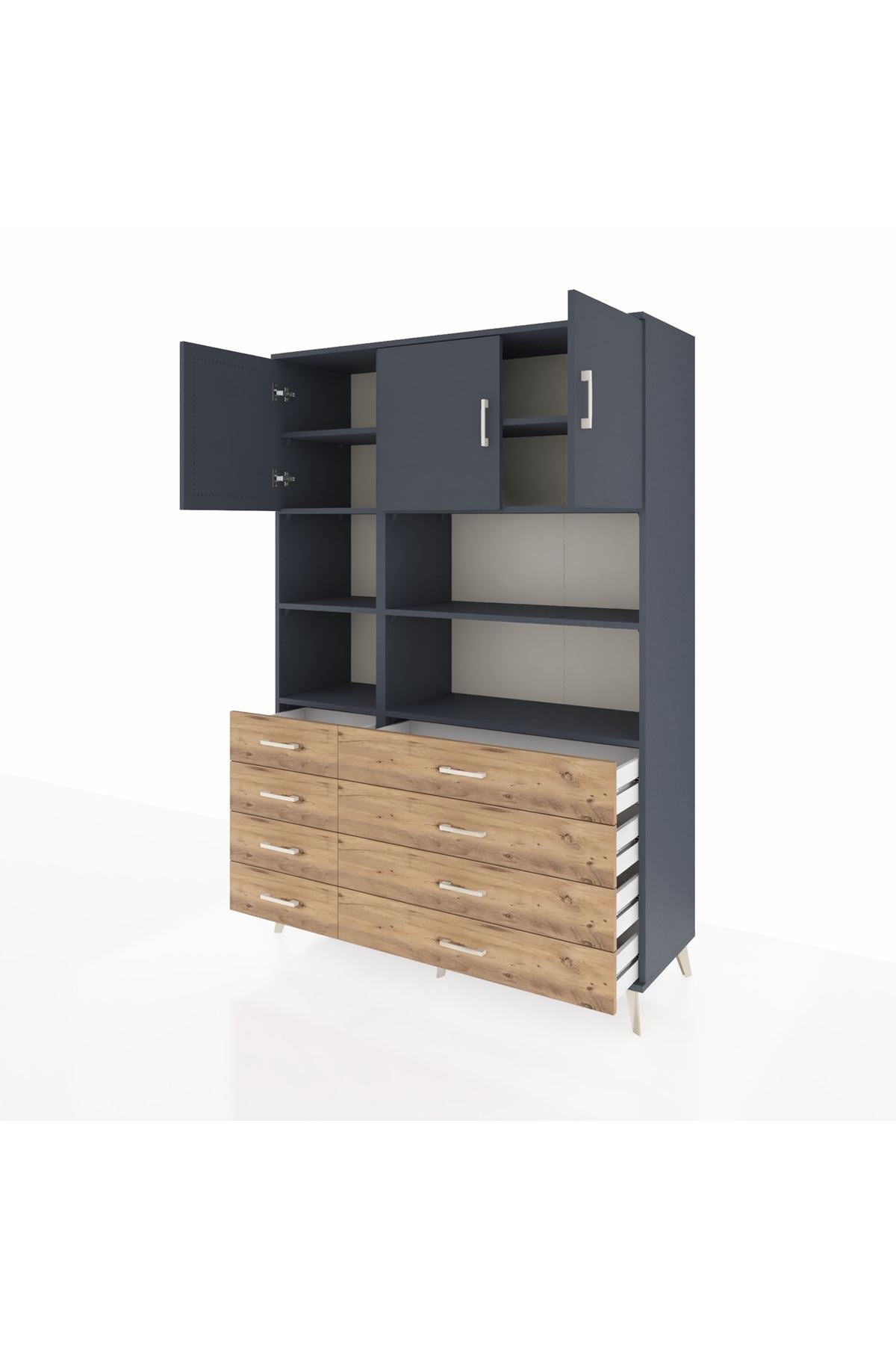 Hyperion Dolap 8 Raflı 8 Çekmeceli 3 Kapaklı 132x44x195 Antrasit-Antrasit/Çam