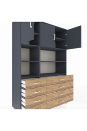 Hyperion Dolap 8 Raflı 8 Çekmeceli 3 Kapaklı 132x44x195 Antrasit-Antrasit/Çam