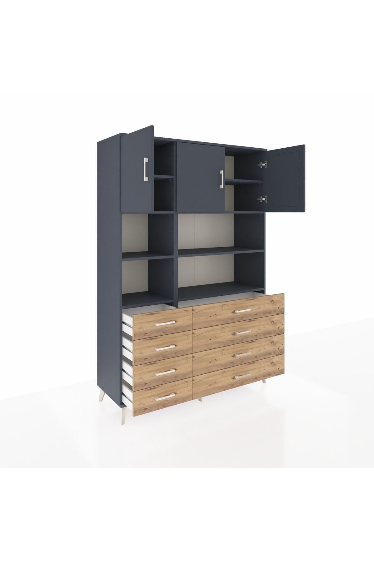 Hyperion Dolap 8 Raflı 8 Çekmeceli 3 Kapaklı 132x44x195 Antrasit-Antrasit/Çam