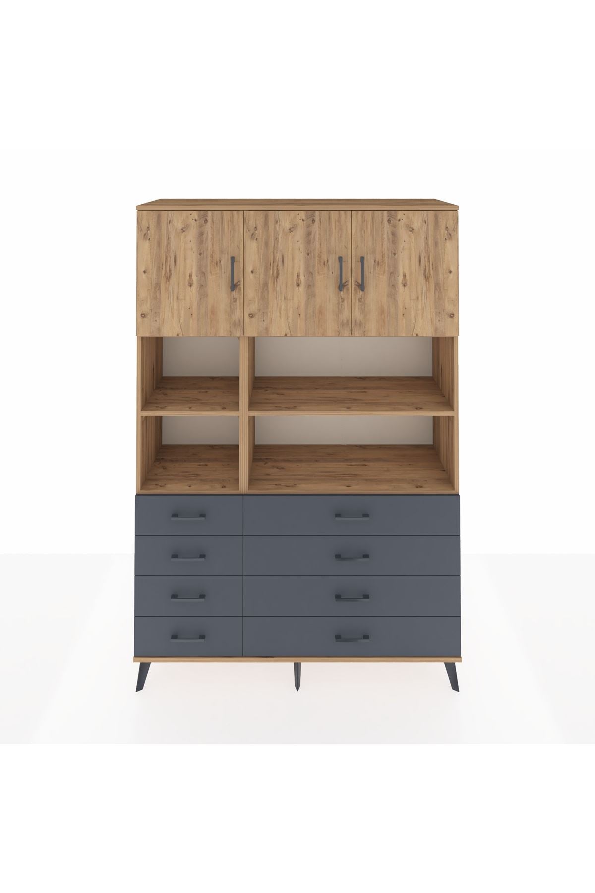 Hyperion Dolap 8 Raflı 8 Çekmeceli 3 Kapaklı 132x44x195 Çam-Çam/Antrasit