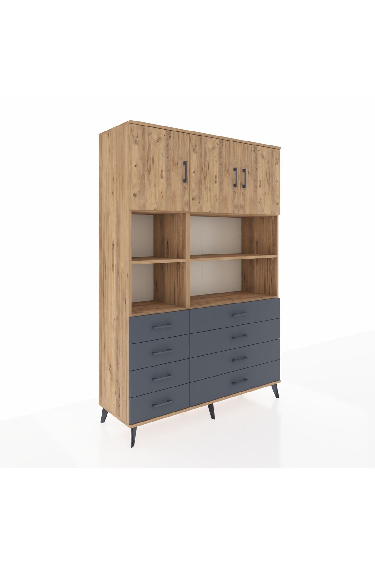 Hyperion Dolap 8 Raflı 8 Çekmeceli 3 Kapaklı 132x44x195 Çam-Çam/Antrasit