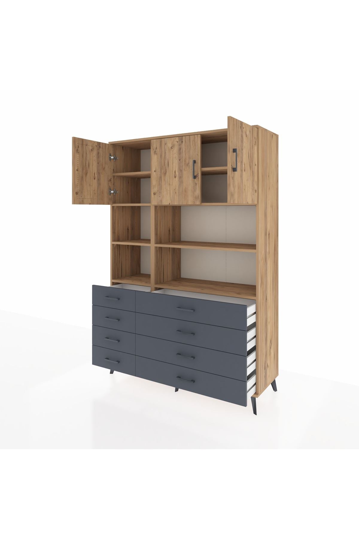 Hyperion Dolap 8 Raflı 8 Çekmeceli 3 Kapaklı 132x44x195 Çam-Çam/Antrasit
