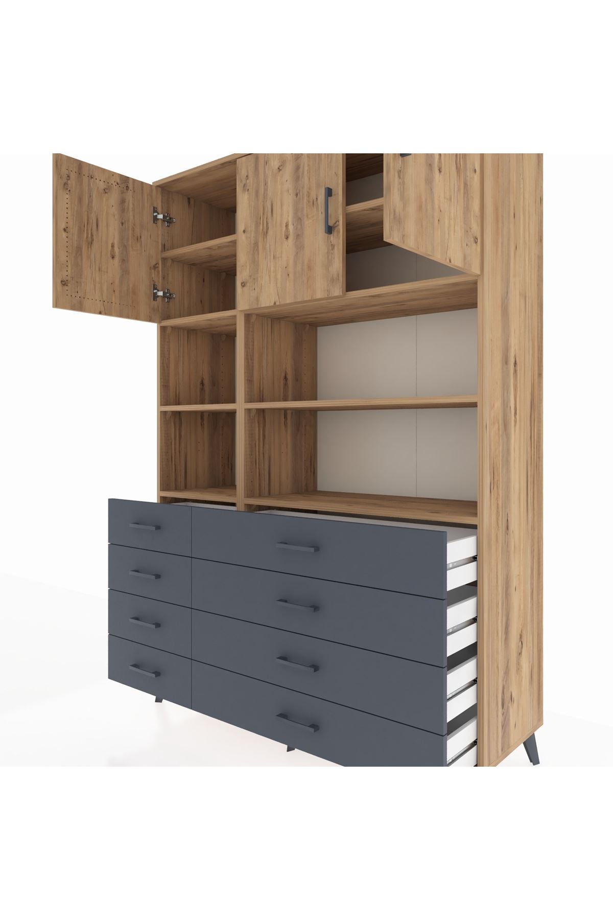 Hyperion Dolap 8 Raflı 8 Çekmeceli 3 Kapaklı 132x44x195 Çam-Çam/Antrasit
