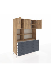 Hyperion Dolap 8 Raflı 8 Çekmeceli 3 Kapaklı 132x44x195 Çam-Çam/Antrasit