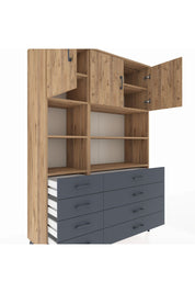 Hyperion Dolap 8 Raflı 8 Çekmeceli 3 Kapaklı 132x44x195 Çam-Çam/Antrasit