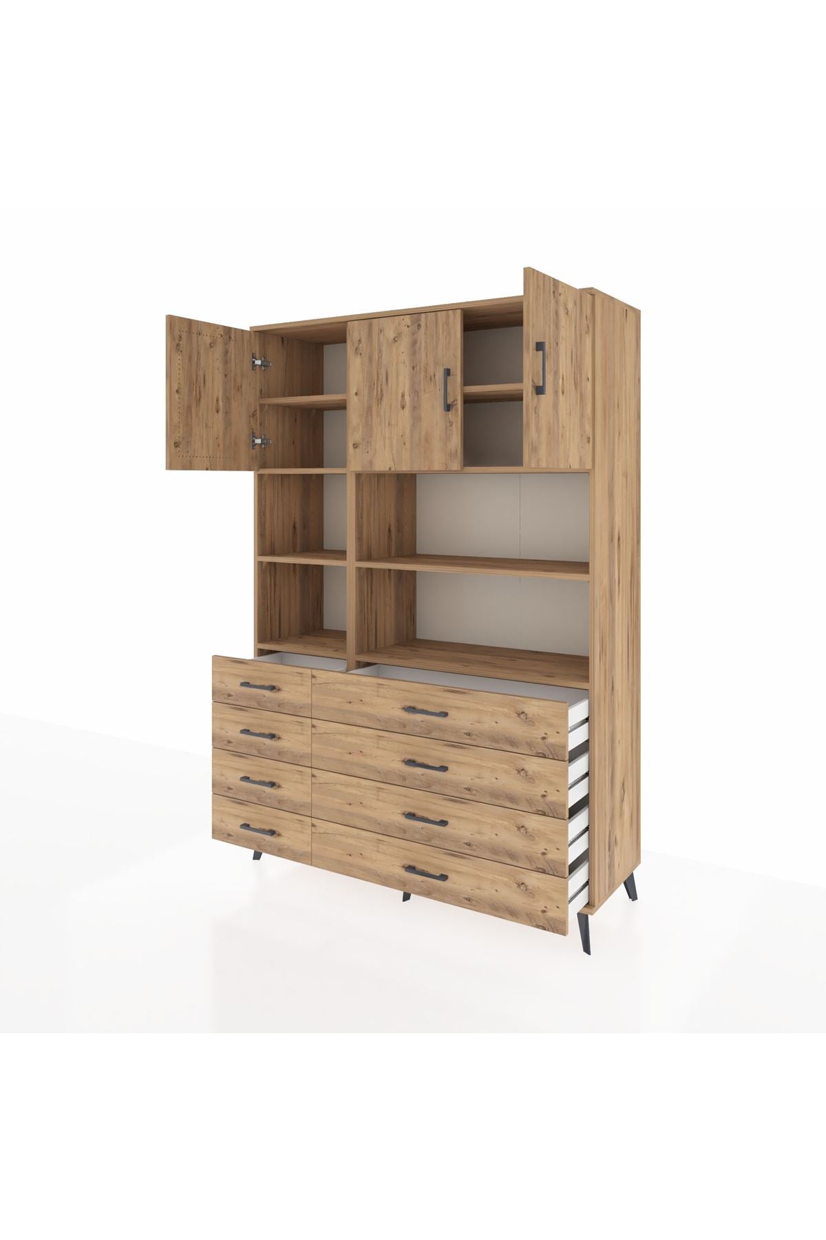 Hyperion Dolap 8 Raflı 8 Çekmeceli 3 Kapaklı 132x44x195 Çam-Çam/Çam