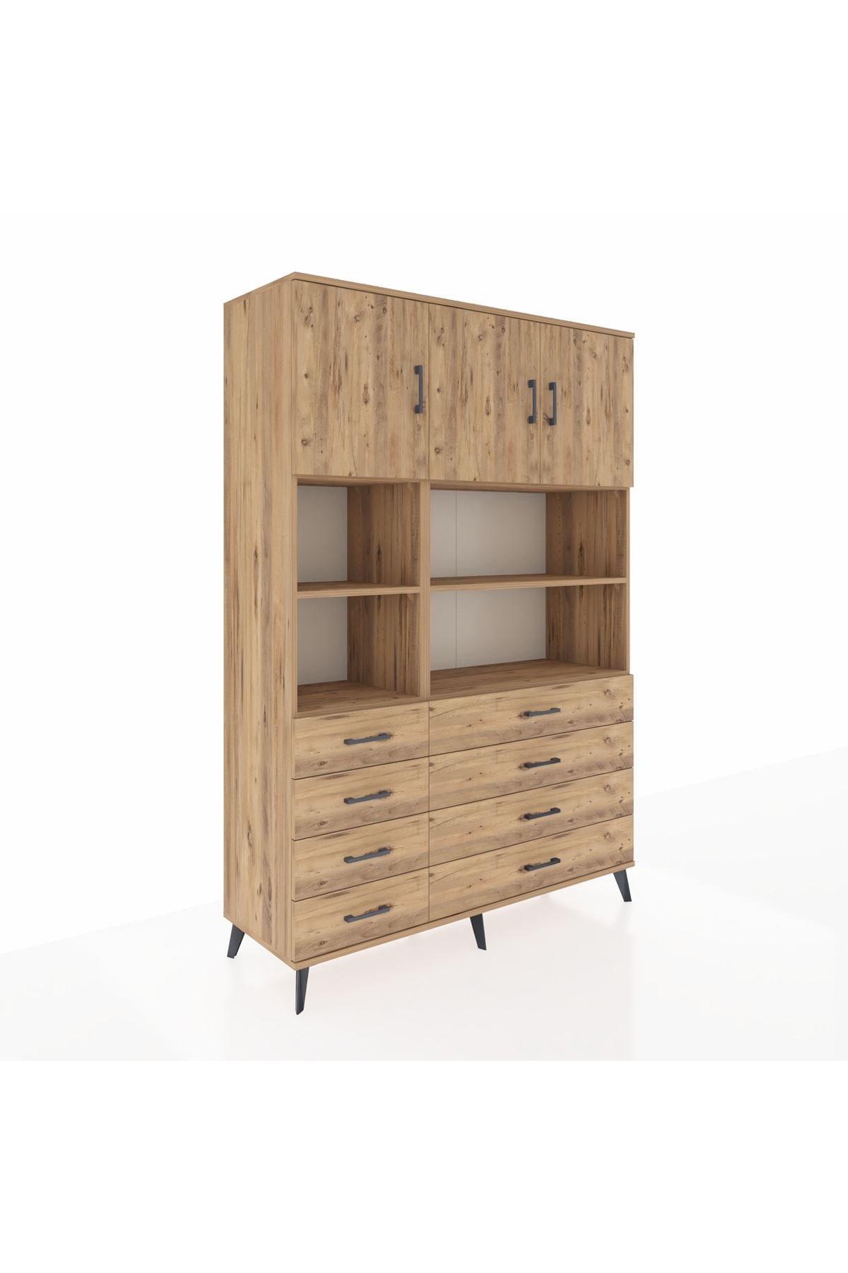 Hyperion Dolap 8 Raflı 8 Çekmeceli 3 Kapaklı 132x44x195 Çam-Çam/Çam