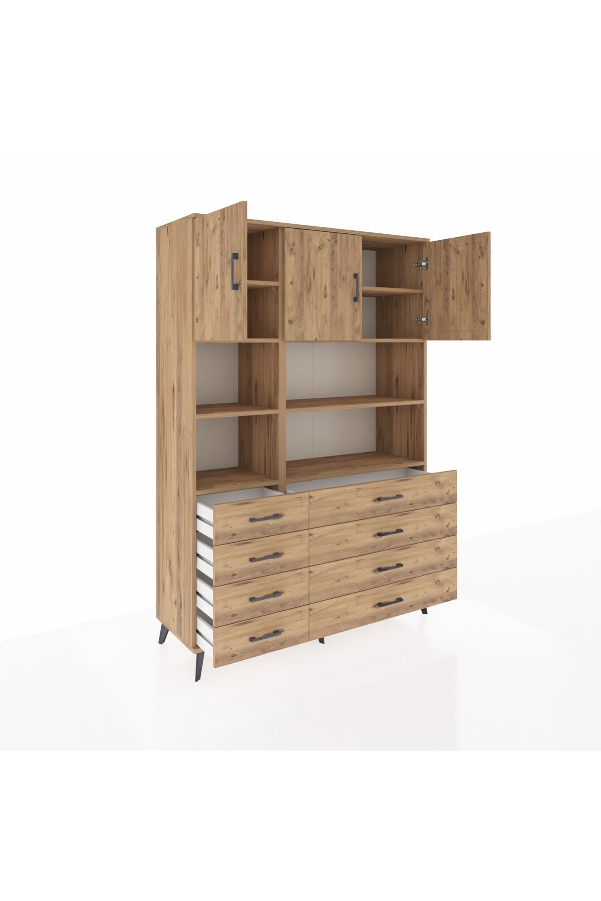 Hyperion Dolap 8 Raflı 8 Çekmeceli 3 Kapaklı 132x44x195 Çam-Çam/Çam