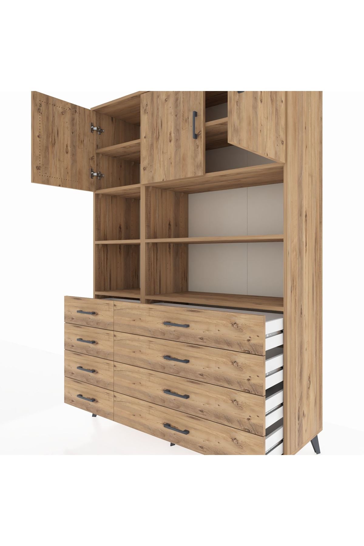 Hyperion Dolap 8 Raflı 8 Çekmeceli 3 Kapaklı 132x44x195 Çam-Çam/Çam