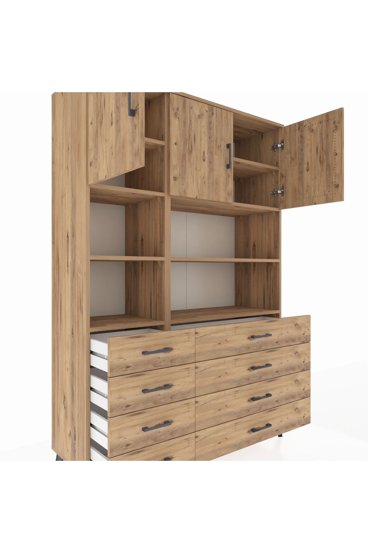 Hyperion Dolap 8 Raflı 8 Çekmeceli 3 Kapaklı 132x44x195 Çam-Çam/Çam