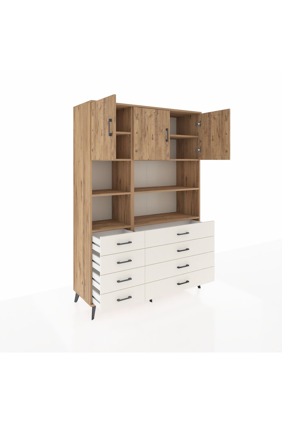 Hyperion Dolap 8 Raflı 8 Çekmeceli 3 Kapaklı 132x44x195 Çam-Çam/Aytaşı