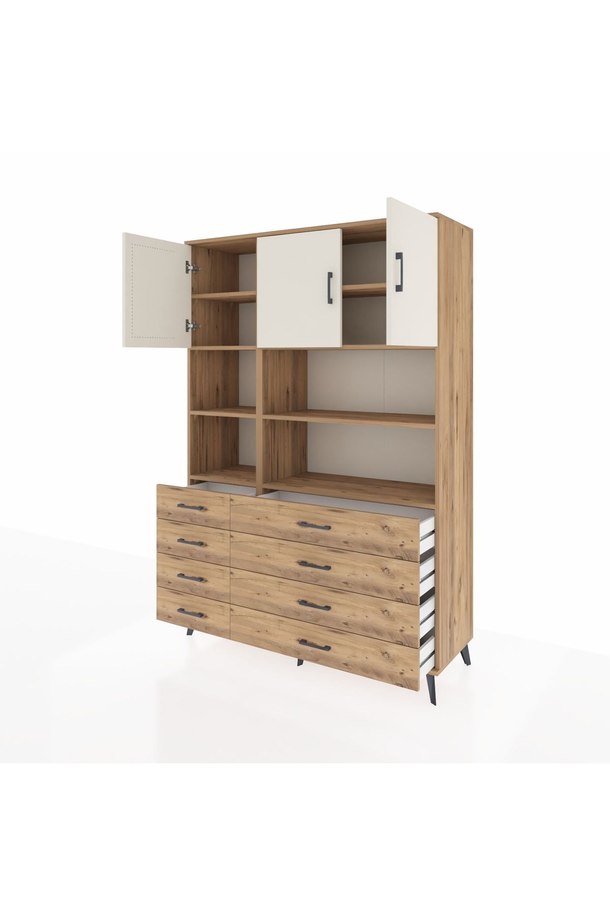 Hyperion Dolap 8 Raflı 8 Çekmeceli 3 Kapaklı 132x44x195 Çam-Aytaşı/Çam