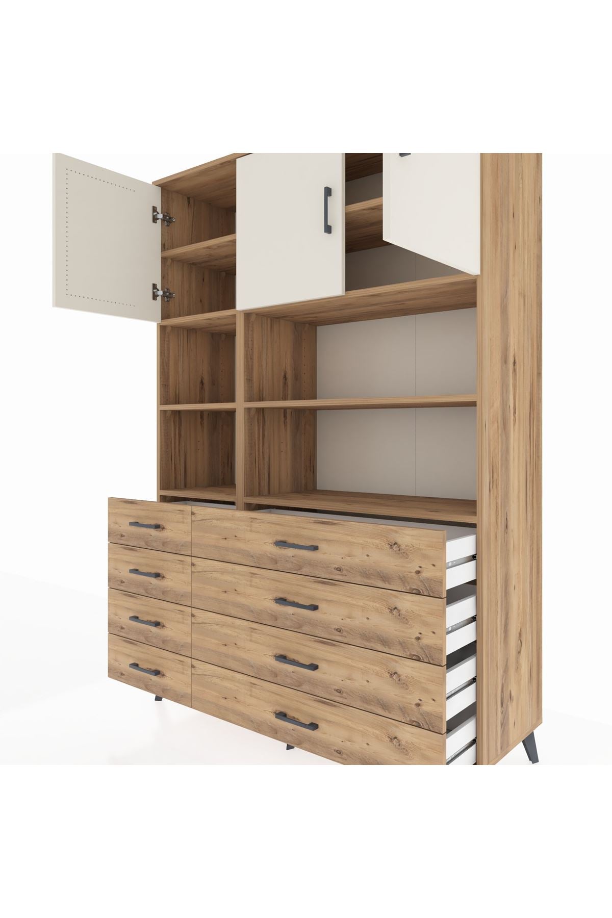Hyperion Dolap 8 Raflı 8 Çekmeceli 3 Kapaklı 132x44x195 Çam-Aytaşı/Çam