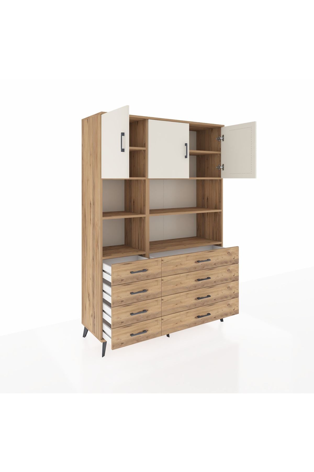 Hyperion Dolap 8 Raflı 8 Çekmeceli 3 Kapaklı 132x44x195 Çam-Aytaşı/Çam