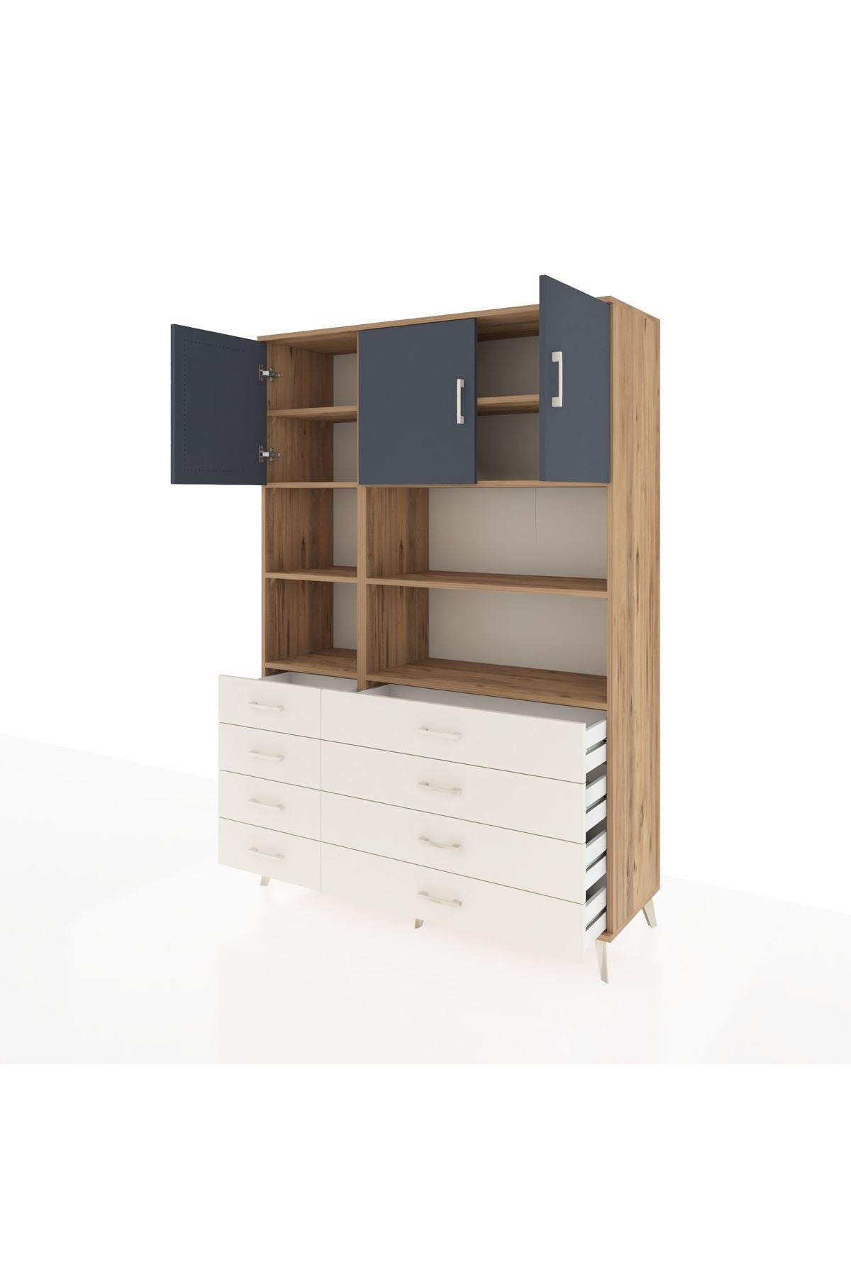 Hyperion Dolap 8 Raflı 8 Çekmeceli 3 Kapaklı 132x44x195 Çam-Antrasit/Aytaşı