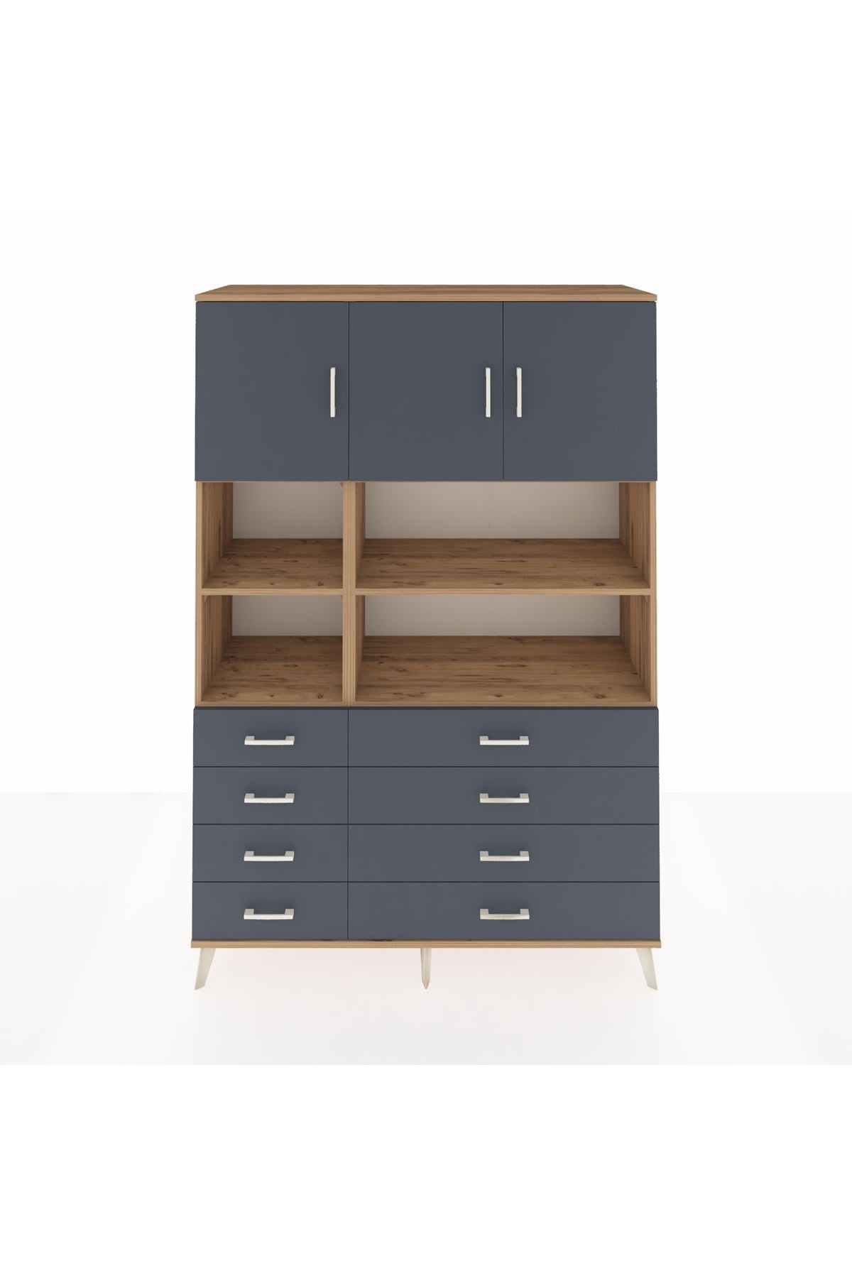 Hyperion Dolap 8 Raflı 8 Çekmeceli 3 Kapaklı 132x44x195 Çam-Antrasit/Antrasit