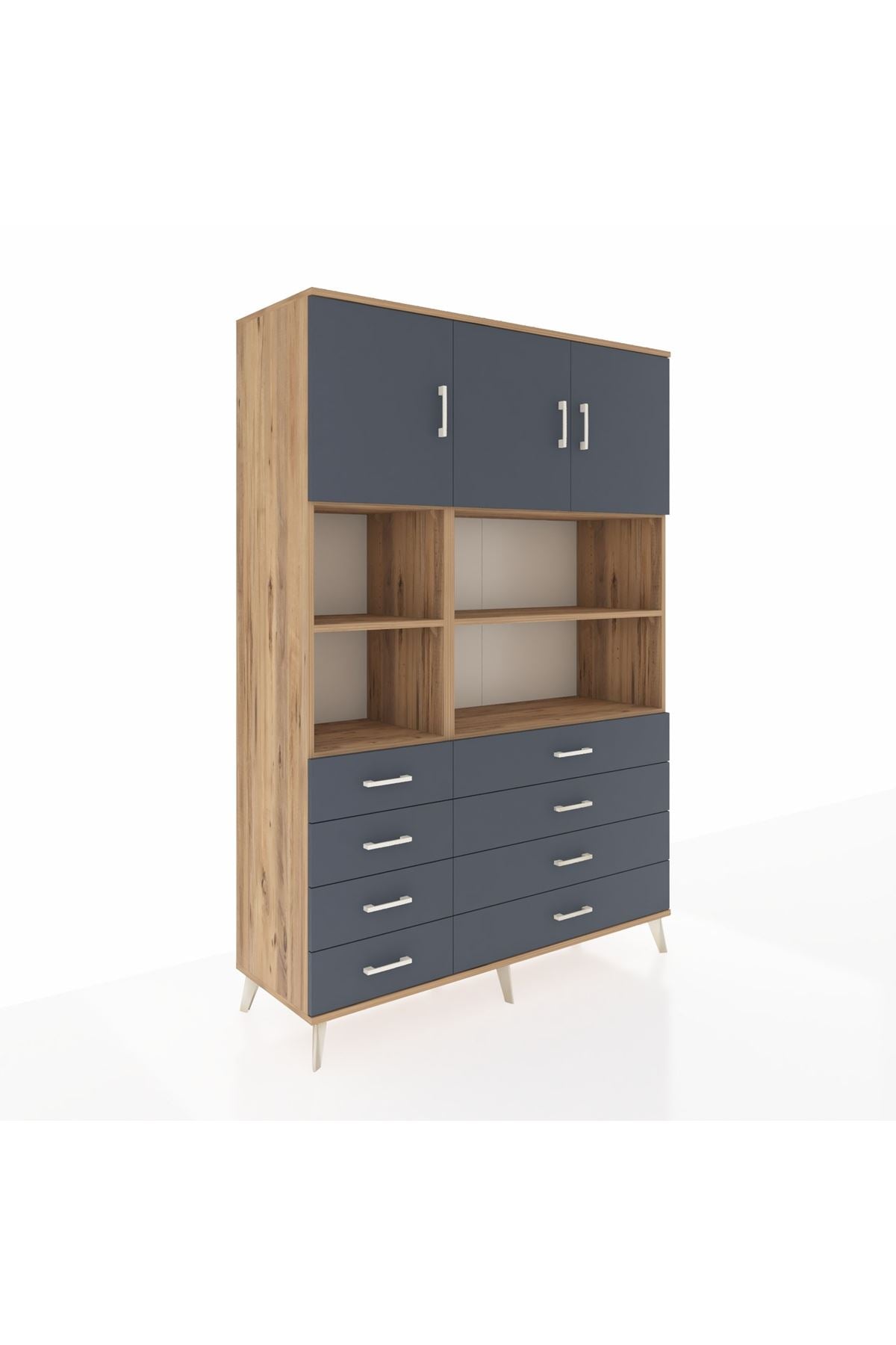 Hyperion Dolap 8 Raflı 8 Çekmeceli 3 Kapaklı 132x44x195 Çam-Antrasit/Antrasit