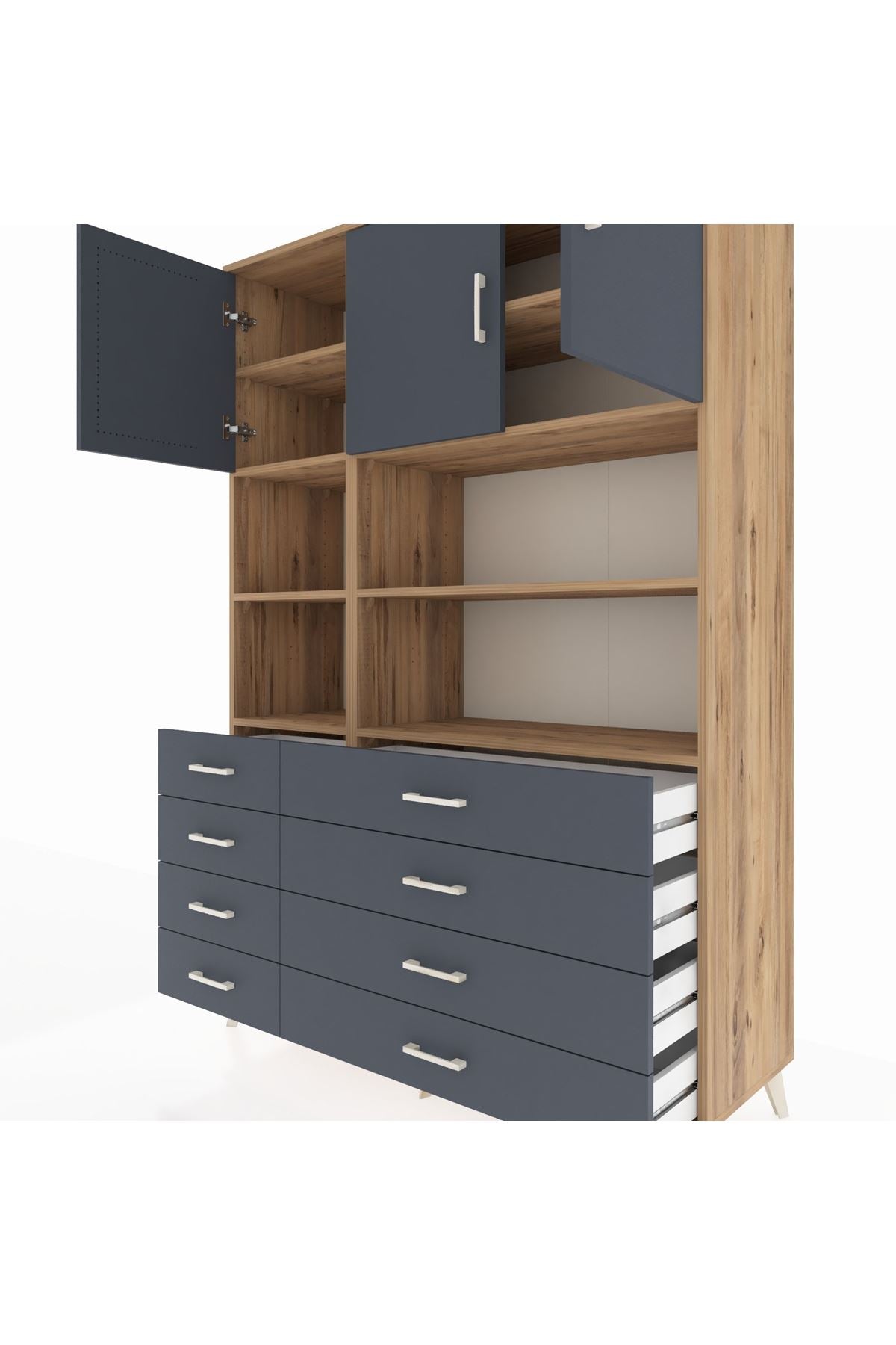 Hyperion Dolap 8 Raflı 8 Çekmeceli 3 Kapaklı 132x44x195 Çam-Antrasit/Antrasit