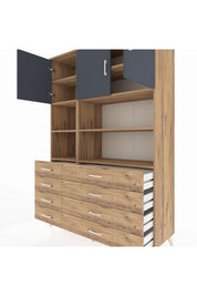 Hyperion Dolap 8 Raflı 8 Çekmeceli 3 Kapaklı 132x44x195 Çam-Antrasit/Çam